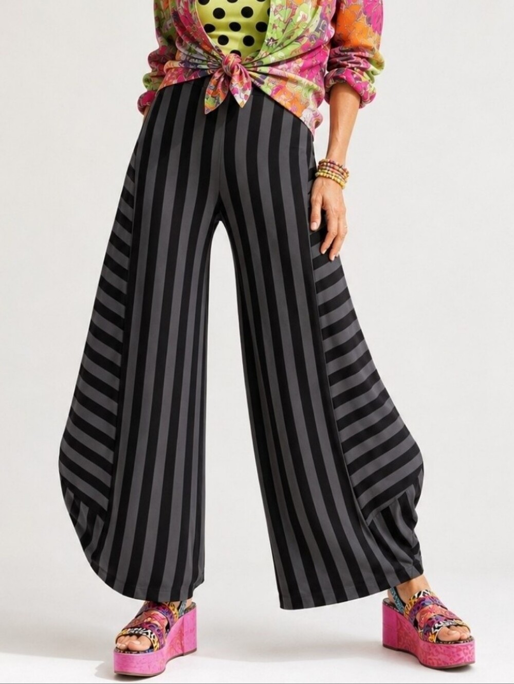 Alembika Knit Lantern Pant Black Grey Stripes Wide Leg Art To Wear Size 3 / Med - Picture 2 of 16